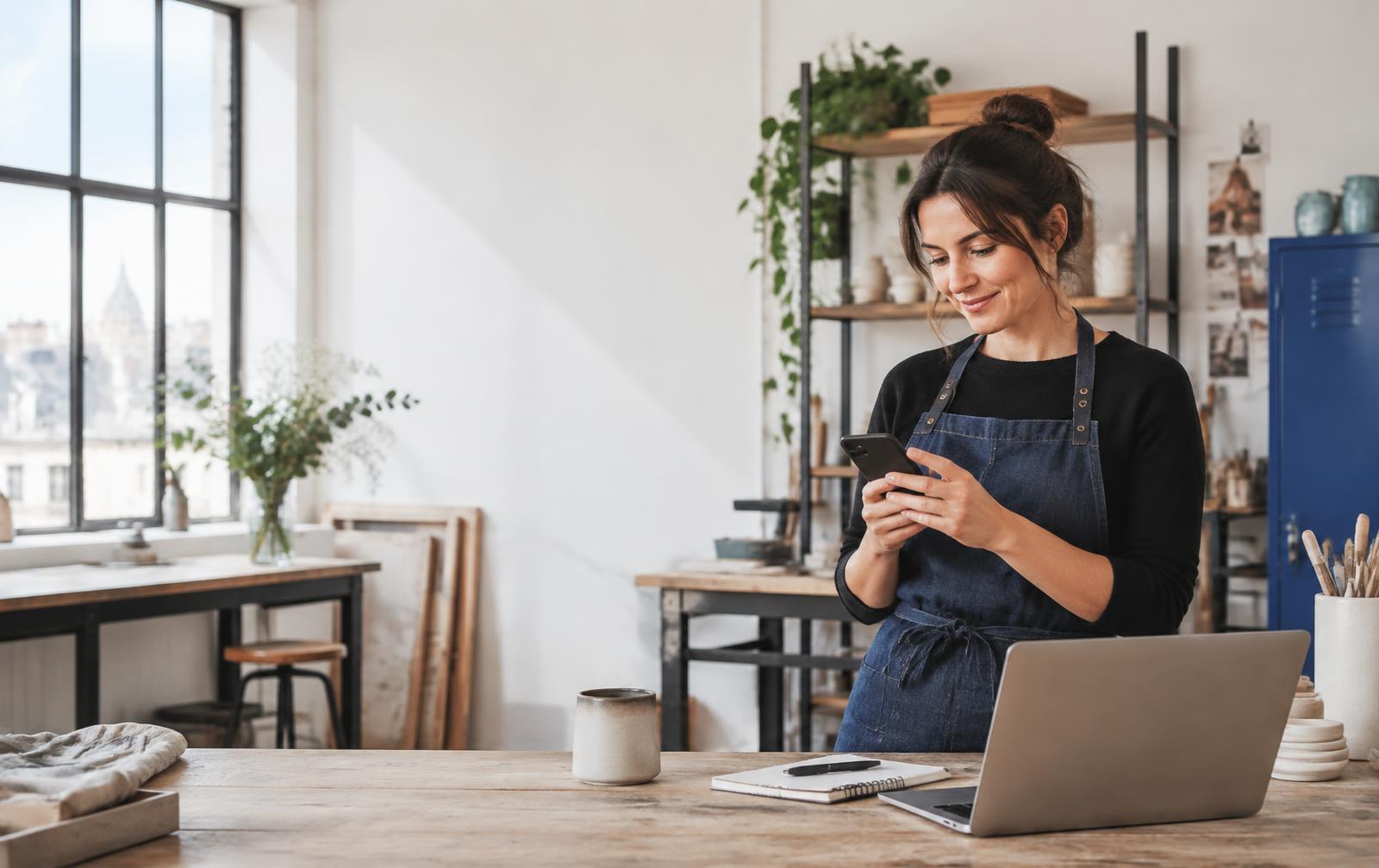 Une entrepreneuse consulte son téléphone dans son atelier